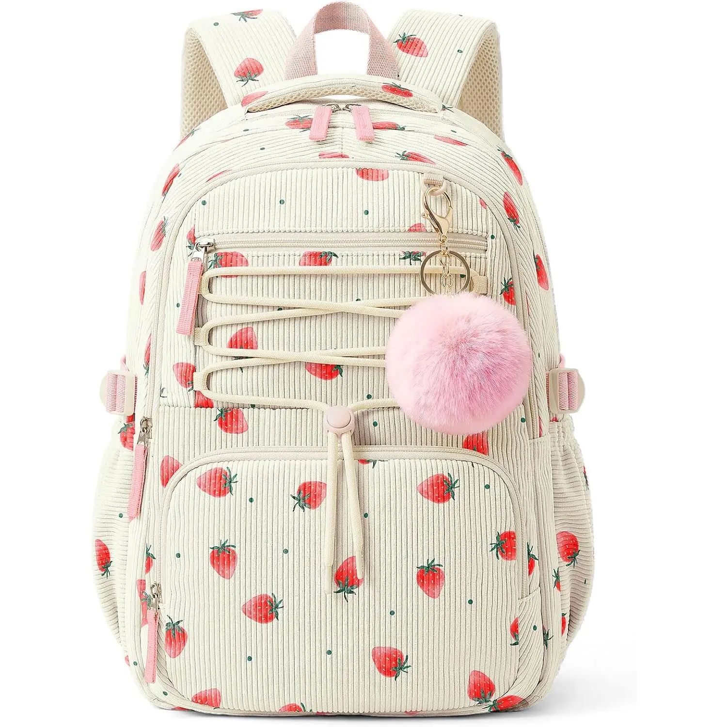 Cute Corduroy School Backpack for Girls, Strawberry Aesthetic Design with Multi-Pockets, Fits 15.6" Laptop, Lightweight for Travel