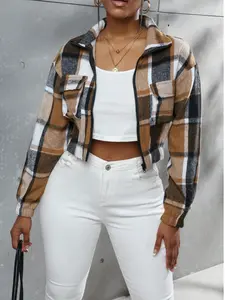 Women's Fall Winter Plaid Button-Front Pocket Jacket, Casual Fitted Long Sleeve Woven Outerwear