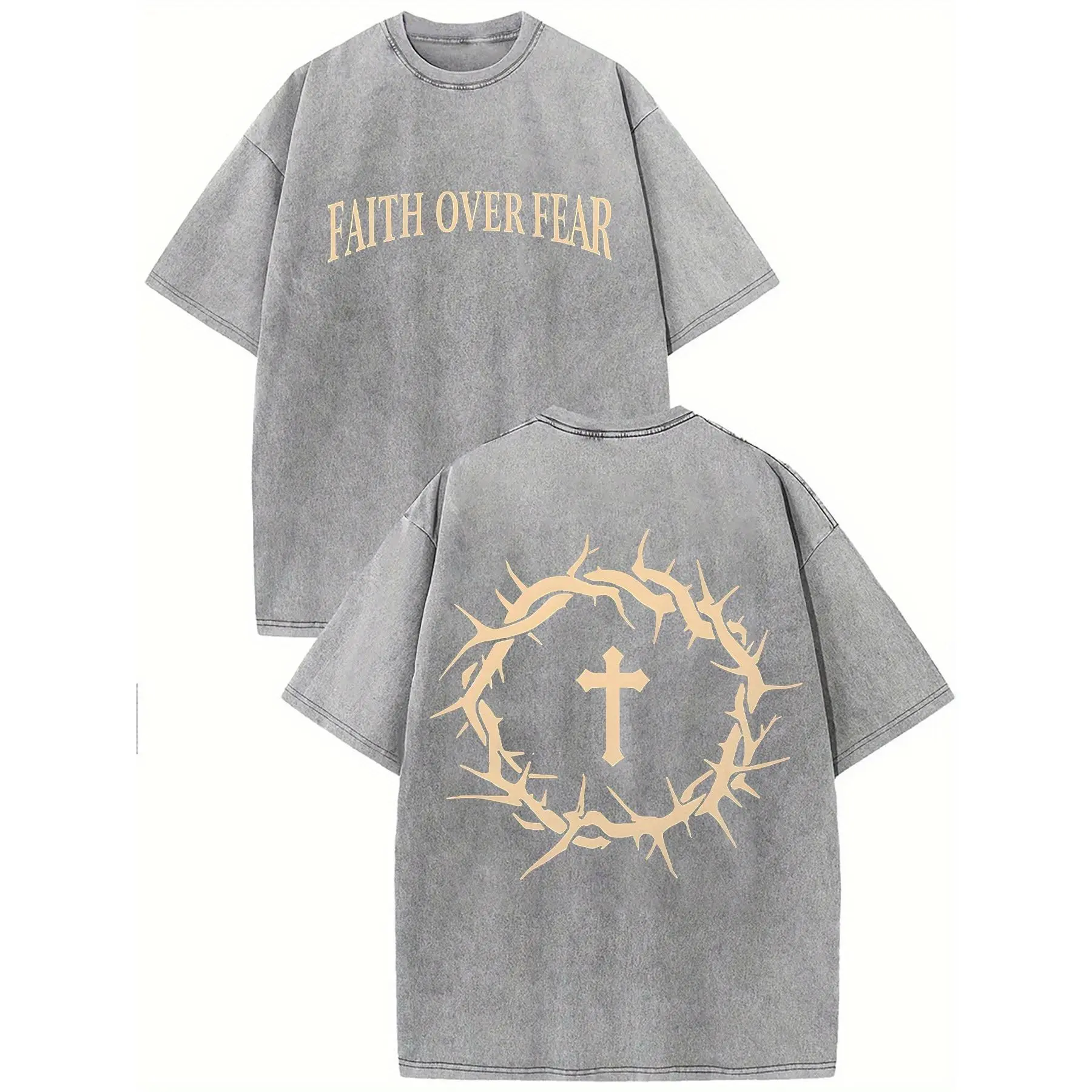 Women's Faith Over Fear Casual Short-Sleeve T-Shirt - Vintage Washed Oversized Graphic Garment, Drop Shoulders, Relaxed Fit, Comfortable Breathable Natural Cotton Top