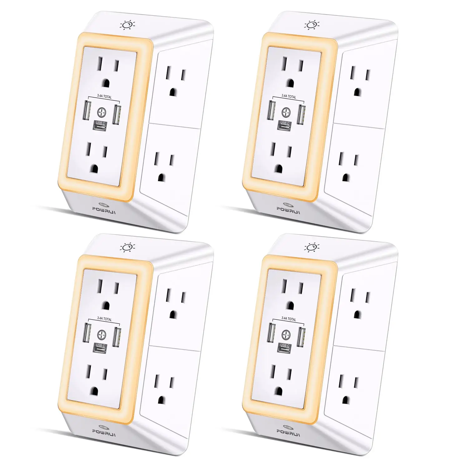 [4-Pack]  Outlet Extender Multi Plug Outlet Surge Protector - 3 USB Ports (1 USB C) and Night Light Function, 3-Sided Power Strip with Adapter Spaced Outlets - White，ETL Listed