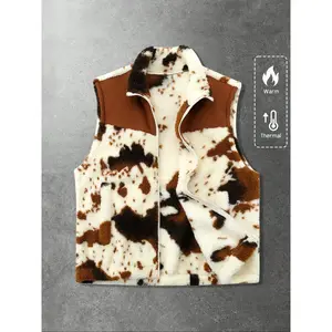 American Style Cow Print Fleece Stand Collar Vest, Warm Plush Material, Fashionable Design, Winter Outdoors, Casual Commute