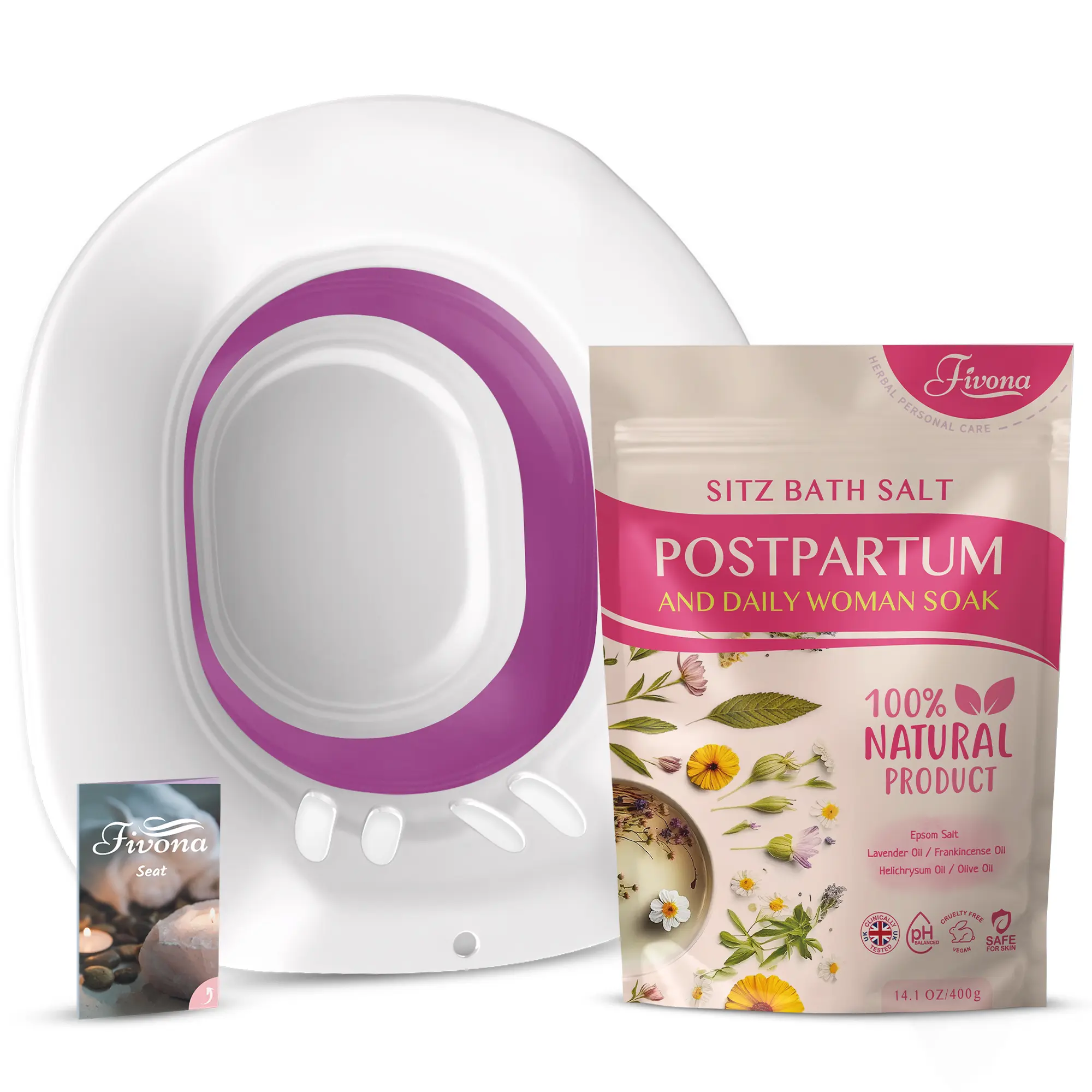 Fivona 2-in-1 Sitz Bath Soak Kit - Toilet Seat Bath with Epsom Salt Blend, Lavender & Olive Natural Oils - Body Care for New Moms - Storage-Ready Relaxing Soak, Spa-Inspired Gift, Calming Lavender Bath Additive