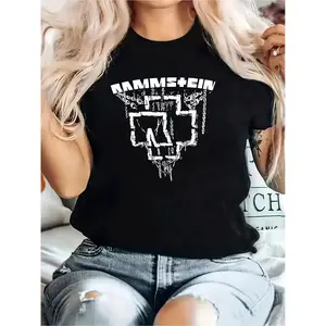 A black T-shirt featuring the Rammstein band logo, designed for women's music festival fashion trends, perfect for casual and comfortable wear in spring and summer with short sleeves and a crew neck.