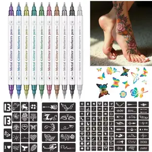 10 Dual-Head Metal Color Fluorescent Pens + 136 Tattoo Templates, Temporary Skin Tattoos, Safe Non-Toxic, Long-Lasting Colors, Perfect for Parties