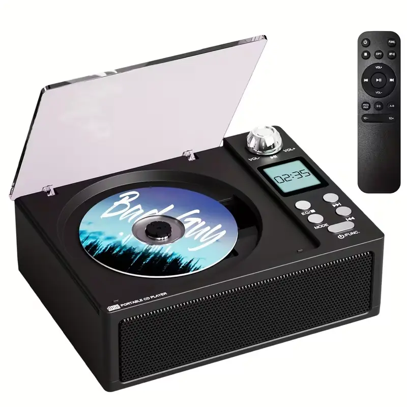 M-AMAZUP Retro Compact Plastic All-in-1 Portable CD Player Audio Sound System - Hi-Fi Stereo, Rechargeable Bat., LCD Display, FM Radio, Wireless Bluetooth, Remote, USB Port, Aux Input, Card Slot, EQ Modes, Father’s Day Gift for Music Lovers