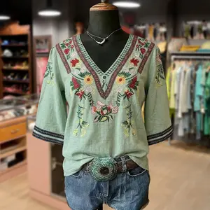Cherrybetty 100%Cotton Retro Floral Embroidered V-Neck Short Sleeve Top Womenswear Plus Size Fashion Summer Tops Spring Tops Cute Tops For Women Outfit Inspo