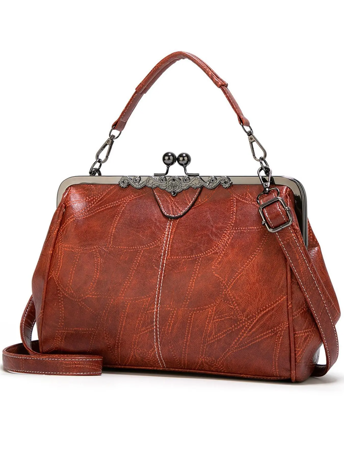 Vegan Leather Vintage Frame Bag for Women 2026, Kiss Lock Casual Crossbody Handbag with Large Capacity, Doctor Bag Style Purse, Office Commuter Shoulder Bag, Crossbody Shoulder Purses