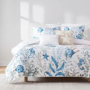 Lush Decor Oceana Watercolor Sea Life Quilt Set - 5 Piece Bedding with Coral Reef Print, Microfiber, OEKO-TEX Certified, Machine Washable