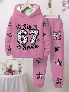 Stars and Number 67 Hoodie Set, High-Quality Skin-Friendly Fabric, Warm Hooded Design, Casual Fashion for Spring & Fall