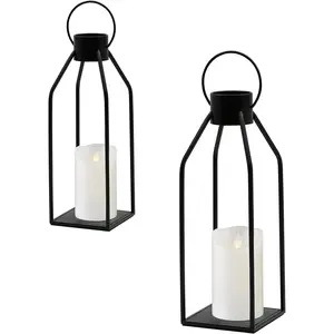 Black Metal Candle Lanterns Living Room Decor, 2 Pack Black Metal Lanterns Holder, Modern Farmhouse Decor, Indoor/Outdoor Hanging or Tabletop Decorative Lanterns for Weddings, Garden, Patio