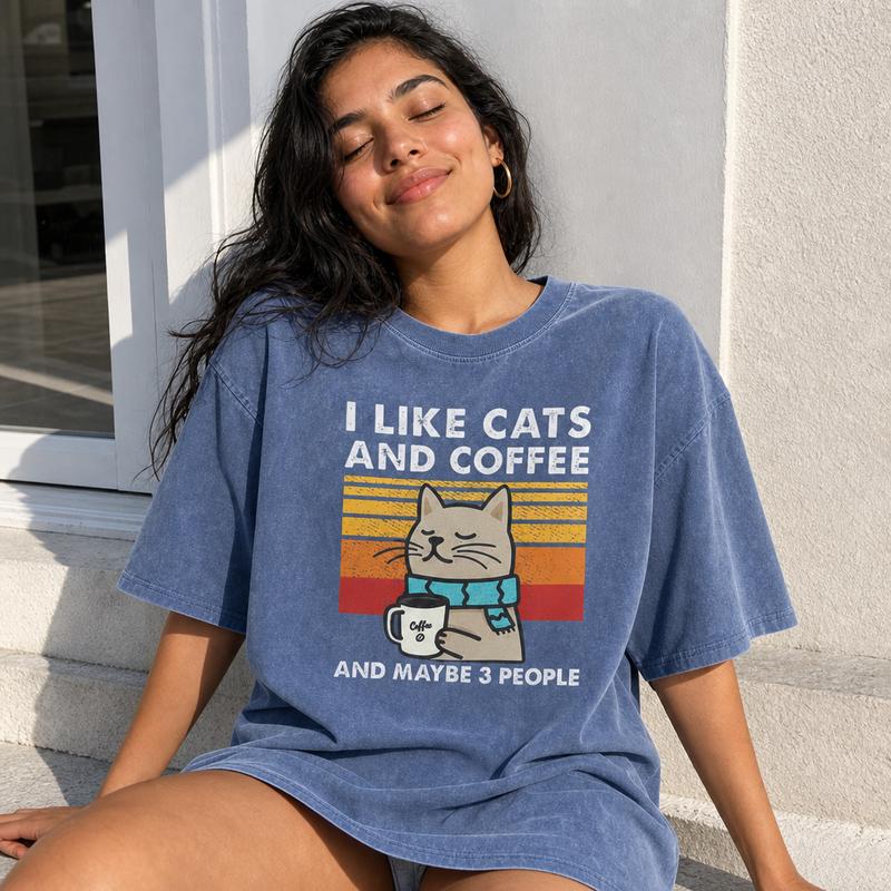 Funny Introvert Pet Humor Graphic Tee Women Soft Washed Cotton Cats Coffee Maybe 3 People Sunset Shirt S-5XL