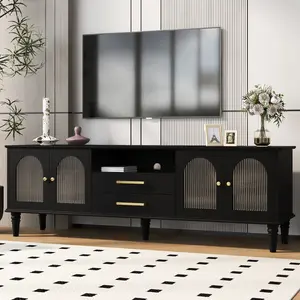 68.9'' Retro TV Stand for TVs up to 75 Inches, Entertainment Center Media Console with Fluted Glass Doors and Five Solid Wood Legs for Living room