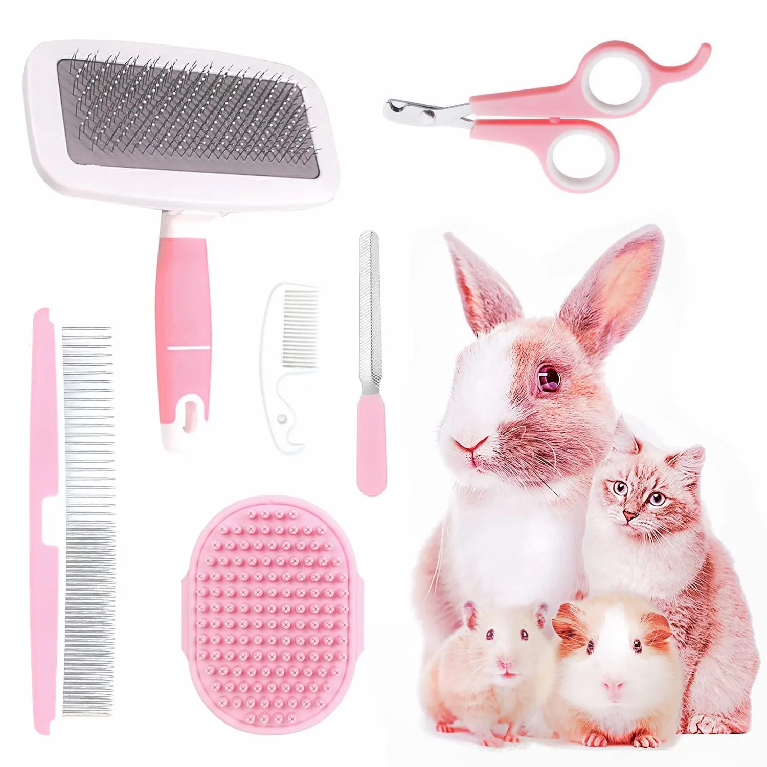 Small Animal Pet Grooming Kit with Pet Shedding Slicker Brush, Bath Massage Glove, Pet Grooming Comb,  Clipper Trimmer for Rabbit, Puppy, Kitten, Guinea Pig, Hamster, Ferret (Pink)