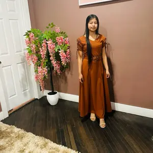 Máxi Dress - Elegant Brown Maxi Dress with Ruffle Sleeves and Belted Waist for Women