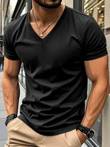 Men's V-Neck Slim-Fit Short Sleeve Casual Shirt, Pure Color Plain Summer Top, Thin Comfortable Daily Wear, Perfect for Men, Menswear