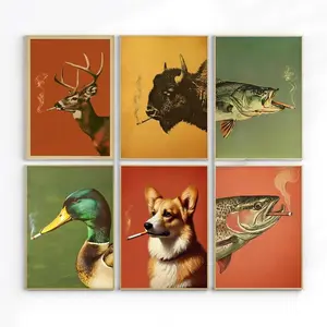 [New Collection] Animal Smoking with Mallard Vintage Poster Unframed, Art Funny Retro Whimsical Print, Cabin Wall Decor Outdoor Illustration, Gift for Dad, Unique Gift