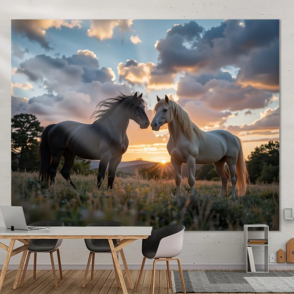 1 piece of durable polyester tapestry - a horse on a grassy wall mural - a peaceful sunset scene of two horses in a pastoral setting, suitable for decoration in living rooms, festivals and parties, easy to hang Wall Hanging Gift