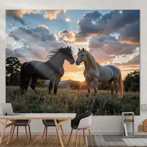 1 piece of durable polyester tapestry - a horse on a grassy wall mural - a peaceful sunset scene of two horses in a pastoral setting, suitable for decoration in living rooms, festivals and parties, easy to hang