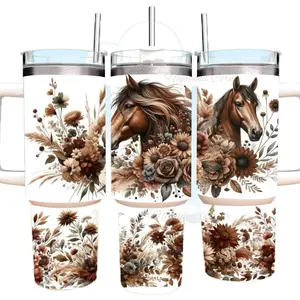 Horse Tumbler 40oz Stainless Steel Handmade Lid Straw Bottle Drinkware Water Bottles Cup Mug Portable Bottled Washable Reusable Insulated Flasks Floral