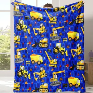 Cartoon Excavator Pattern Flannel BlanketRectangle Air-conditioning Quilt With StorageBag, Soft Blanket For Home & Office & School