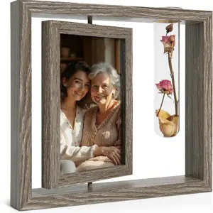 4x6 Inch Wooden Photo Frame, Vintage Rotating Floating Picture Frame with Glass Vase, Desktop Standing Decor, Wedding Gift, Mother's Day Present
