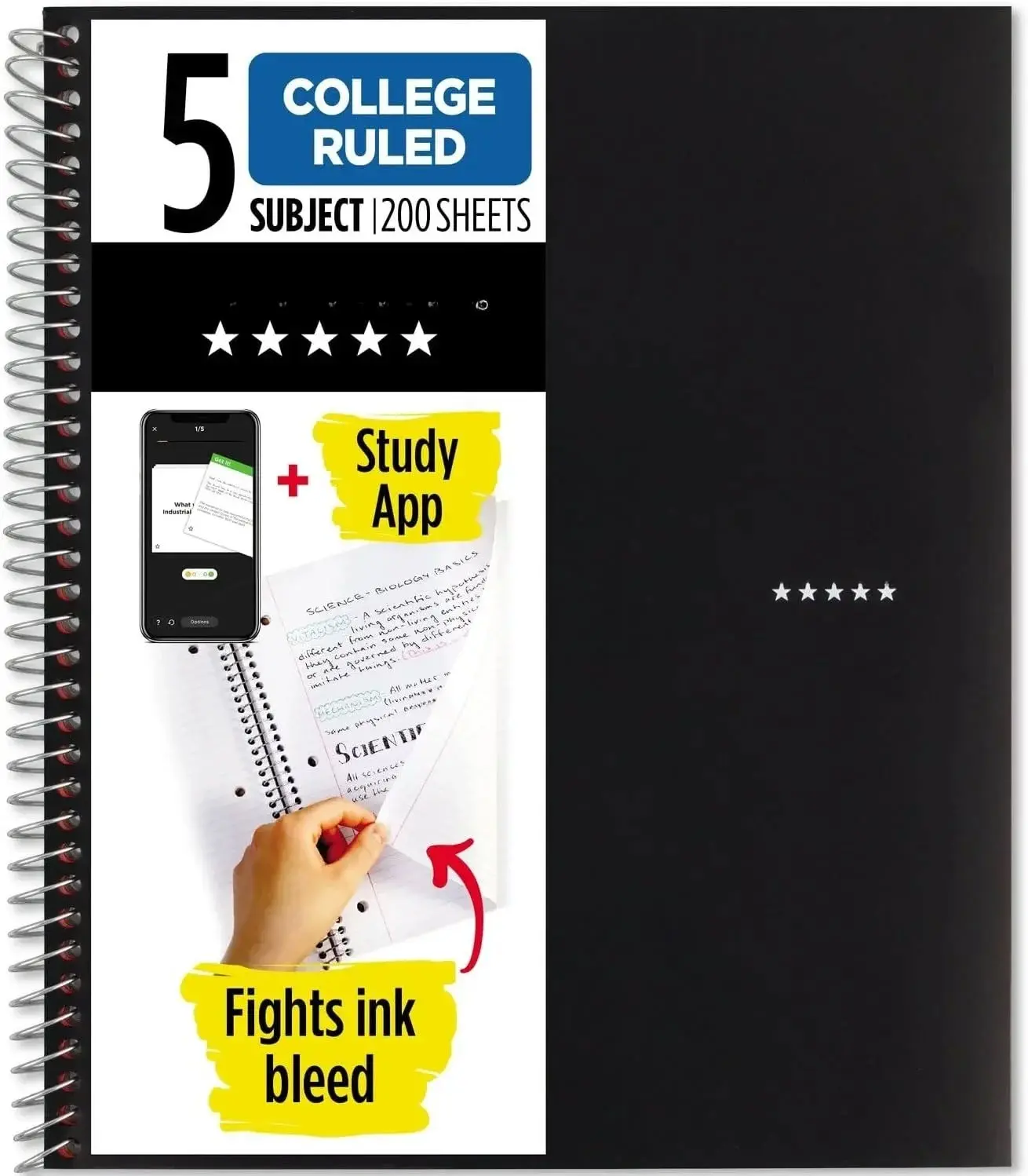 Spiral Notebook + Study App, 5 Subject, College Ruled Paper, Fights Ink Bleed, Water Resistant Cover, 8-1/2" x 11", 200 Sheets