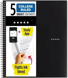 Spiral Notebook + Study App, 5 Subject, College Ruled Paper, Fights Ink Bleed, Water Resistant Cover, 8-1/2" x 11", 200 Sheets