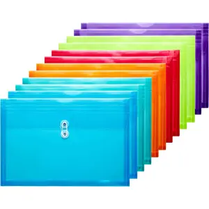Plastic Legal Size Envelopes with String Tie Closure, 1-1/4" Expansion, Side Load, Clear File Folders Poly Project Paper Documents Organizer for Office  Home (Assorted Colors -12 P)