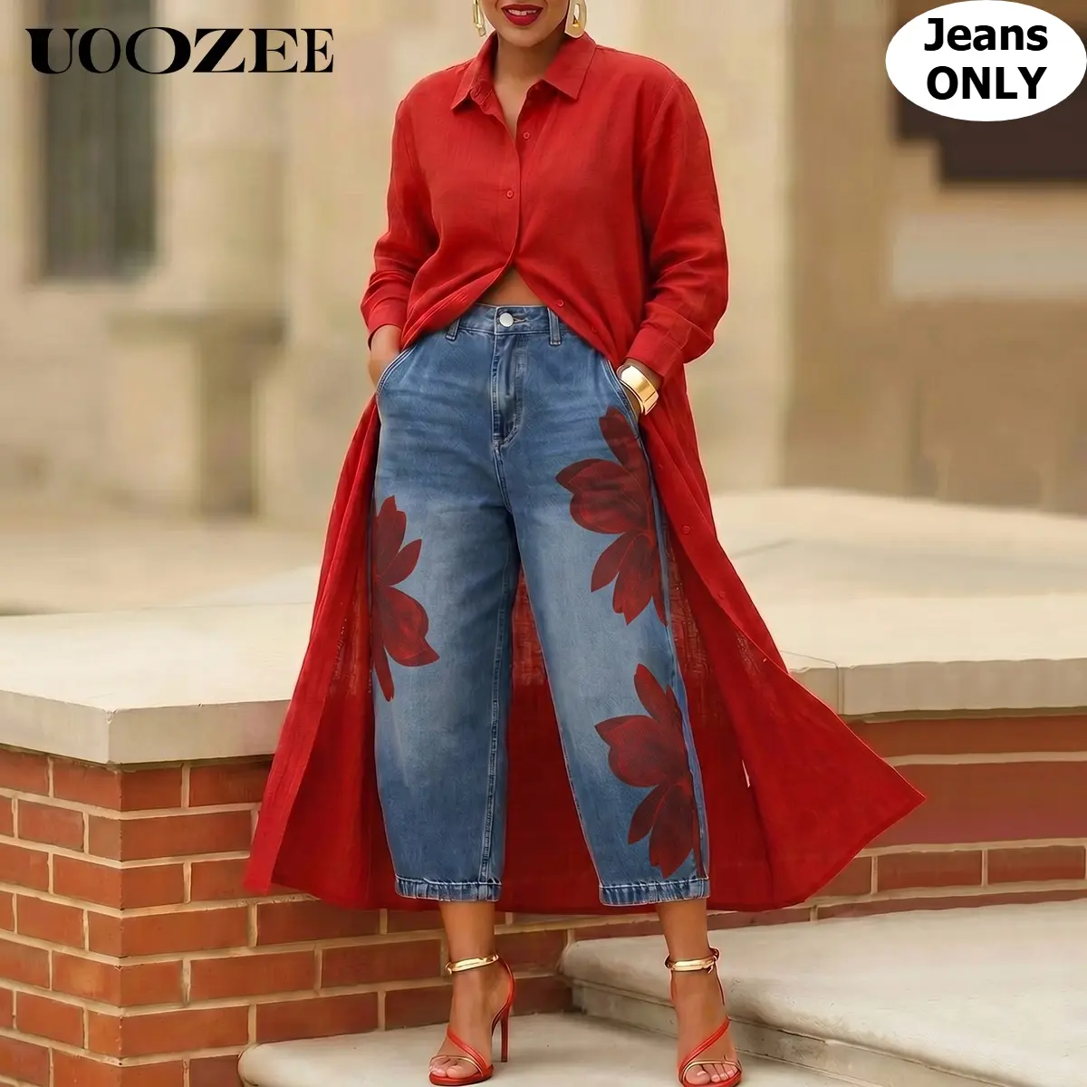 UOOZEE Women's High-Waist Barrel Jeans with Floral Print, Comfortable Relaxed Fit Cropped Denim for Everyday Streetwear and Festival Looks, Fabric, Wide Leg, Statement