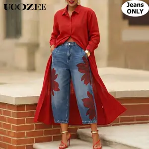UOOZEE Women's New Summer High-Waist Red Floral Print Barrel Jeans, Non-Stretch Cotton-Polyester Blend Cropped Denim Pants with Pockets, Smart Casual-Casual Street Style Option for Curvy Waists (Size Up Recommendation)