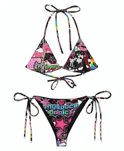 Women Y2K Emo Myspace Addict Anime Print Bikini Set Pixel Space Invader Grunge Halter Triangle Tie Side Swimsuit Comfy Summer Beach Rave Festival Vacation Aesthetic Swimwear
