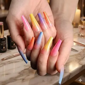 Rainbow Ombre Long Ballerina Coffin Press-On Nails Set of 20, Stiletto & Extra Length Styles. Multi-Layer Color Design, Salon Quality, Easy DIY Application for Daily Wear or Parties. Secure Fit for Beginners to Professionals.