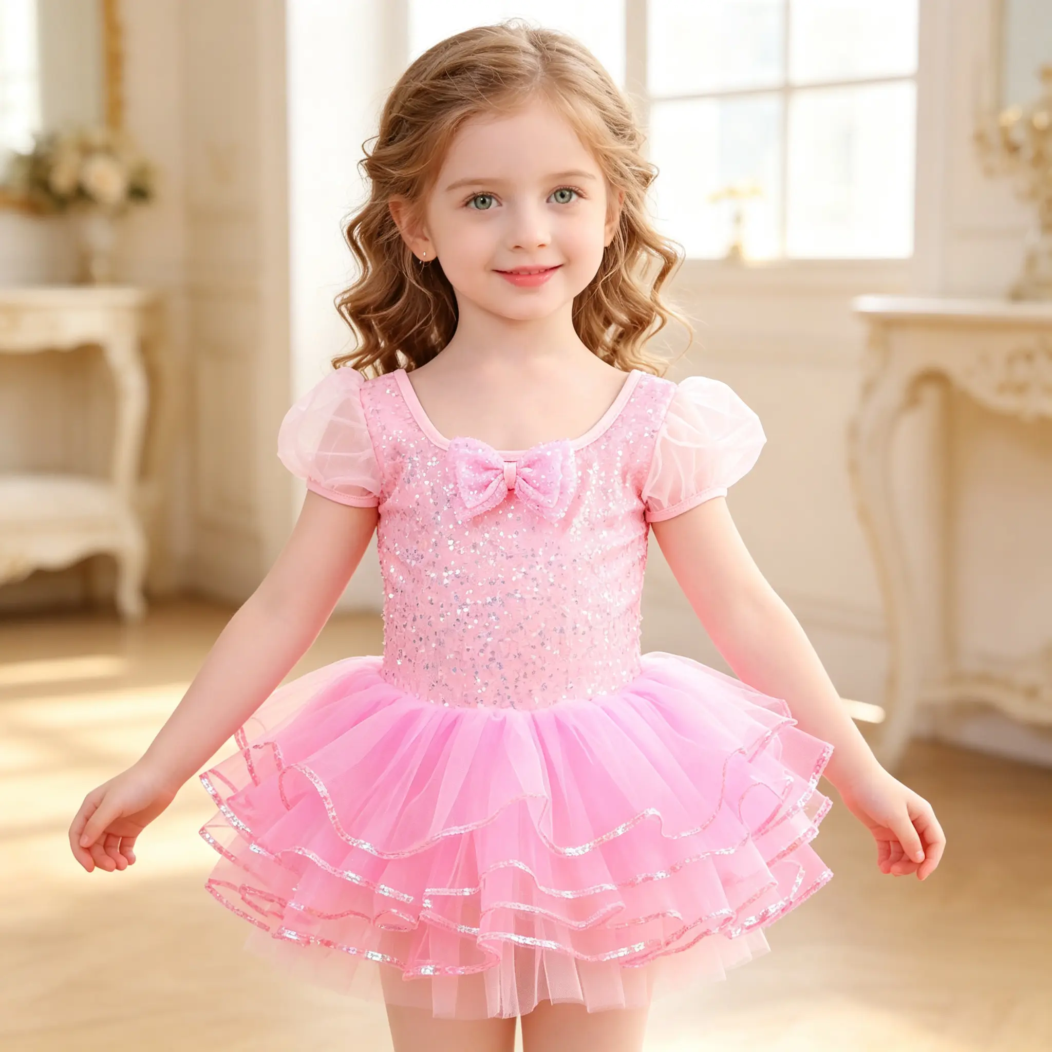 Girls' Pink Sequin Ballet Tutu Dress - Little Princess Dancewear, Puff Short Sleeves, Layered Glitter Tulle Skirt with Bow, for 3-12Y, Suitable for Ballet Class, Stage Performance