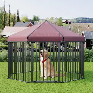 Give your dog a secure outdoor space with this 58" x 58" x 43" octagonal metal kennel. It includes a weatherproof roof, lockable gate, and sets up with no tools.