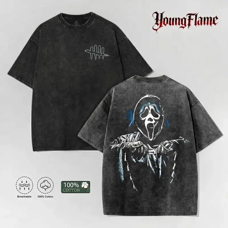 Vintage Acid Wash Spooky Gamer Graphic Tee | Dark Horror Slasher Oversized Shirt | 100% Cotton Men's Streetwear short-sleeved t-shirt men top vintage menswear fashion t-shirt gift loose fit summer casual shirt Outfits Crewneck Breathable Tshirt