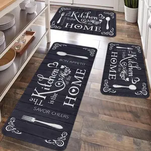 2/3pcs kitchen anti slip carpet floor mat set, black and white tableware warm home design printed kitchen decoration floor mat, soft and comfortable flannel kitchen floor mat, suitable for kitchen, dining room, laundry room, room decoration floor mat