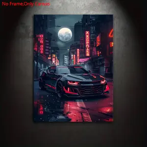 1 Piece/Set Frameless Canvas Painting Print Poster,Classic Cyberpunk Neon Anime Vehicle Pop Art,Chevrolet Camaro,Perfect Ideal Gift For American Muscle Car Lovers,Bedroom,Study,Office,Living Room,Dorm Hallway,Kitchen,Mural,Wall Decoration,Room Decor