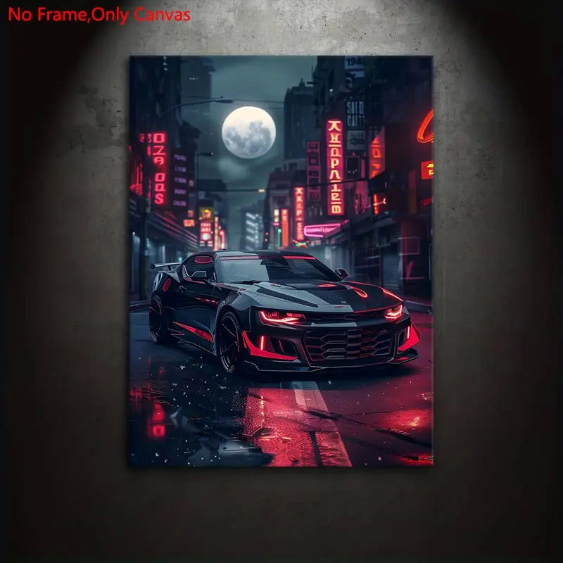 1 Piece/Set Frameless Canvas Painting Print Poster, Unframed painting, Art Canvas Prints, Classic Cyberpunk Neon Anime Vehicle Pop Art, Chevrolet Camaro, Gift For American Muscle Car Lovers, Bedroom, Living Room, Mural, Wall Decoration, Room Decor