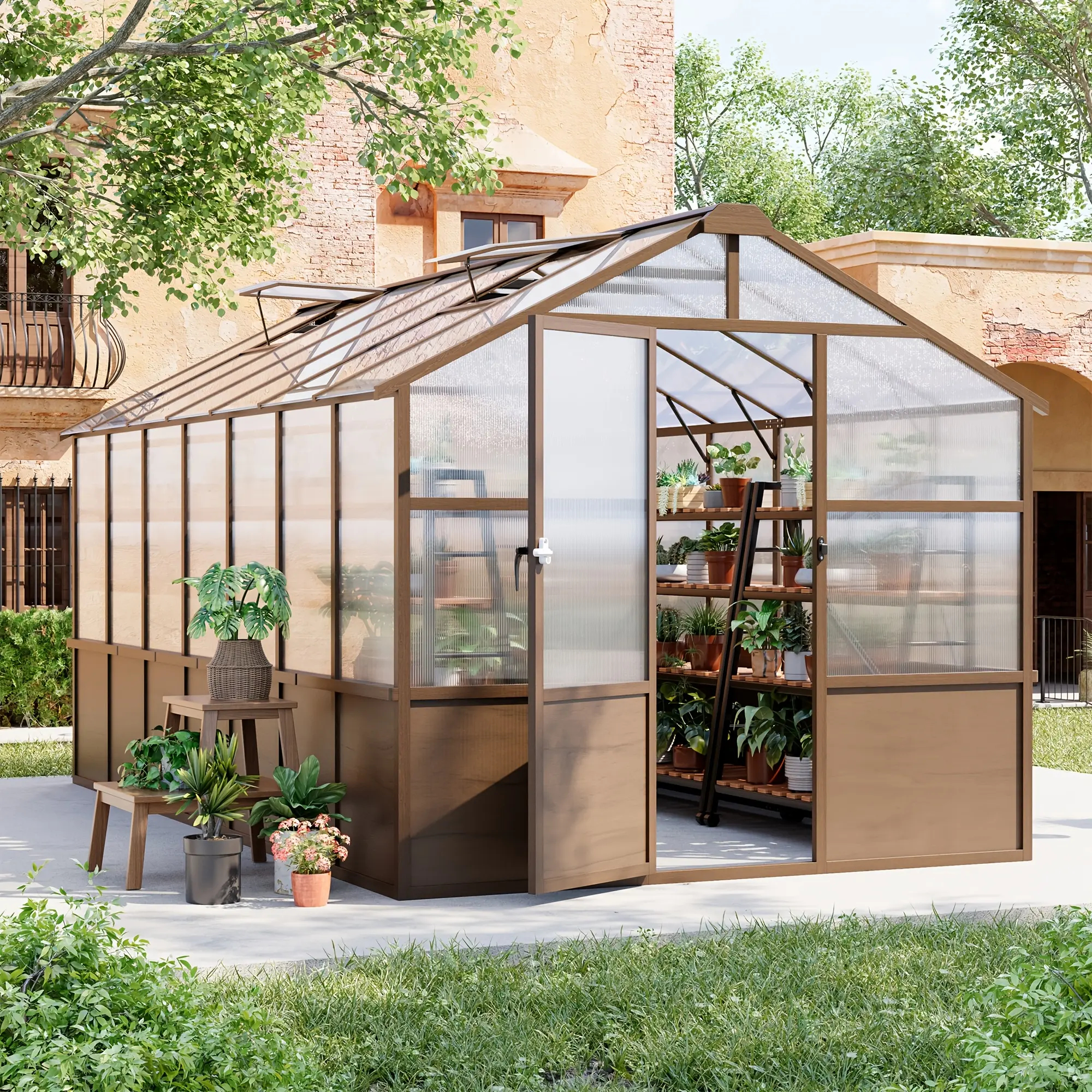 [Wooden Greenhouse] 8x14ft Greenhouse, Wooden Walk-in Greenhouse for Outdoors with 6mm Thick Polycarbonate Panel And Adjustable Roof Vents, Garden Backyard, Patio, Lawn, Wood Colour