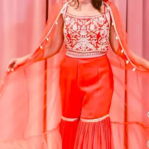 Indian Party Wear Printed Lehenga with Heavy Embroidery Crop Top for Women Red Ballerina Style Chiffon Organza Fabric Satin Shiny Look Perfect for Parties Weddings