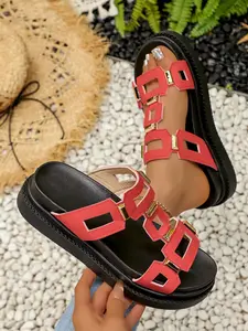 7-color summer women's fashionable thick soled sandals, metal buckle strap beach casual flat slippers, outdoor non slip comfortable multifunctional sandals