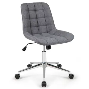COSTWAY - Armless Office Chair Upholstered Makeup Vanity Chair with Adjustable Height and Wheels-Grey