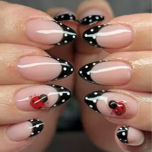 Black Polka French Tip Press On Nails with 3D Ladybug Accents, Cute Spring Summer Almond Nail Set