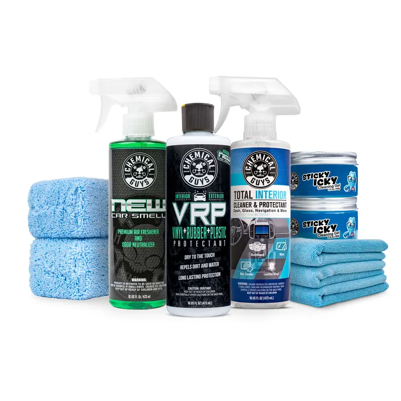 CHEMICAL GUYS Clean Interior Starter Kit – All-in-One Interior Detailing Set with Total Interior Cleaner, Sticky Icky Cleaning Gel, VRP Protectant, New Car Smell Air Freshener, Microfiber Towels & Applicators for a Spotless, Fresh Cabin, Detailing Product
