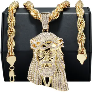 14k Tear Jesus Piece Necklace | 10mm Rope Chain Gold Plated