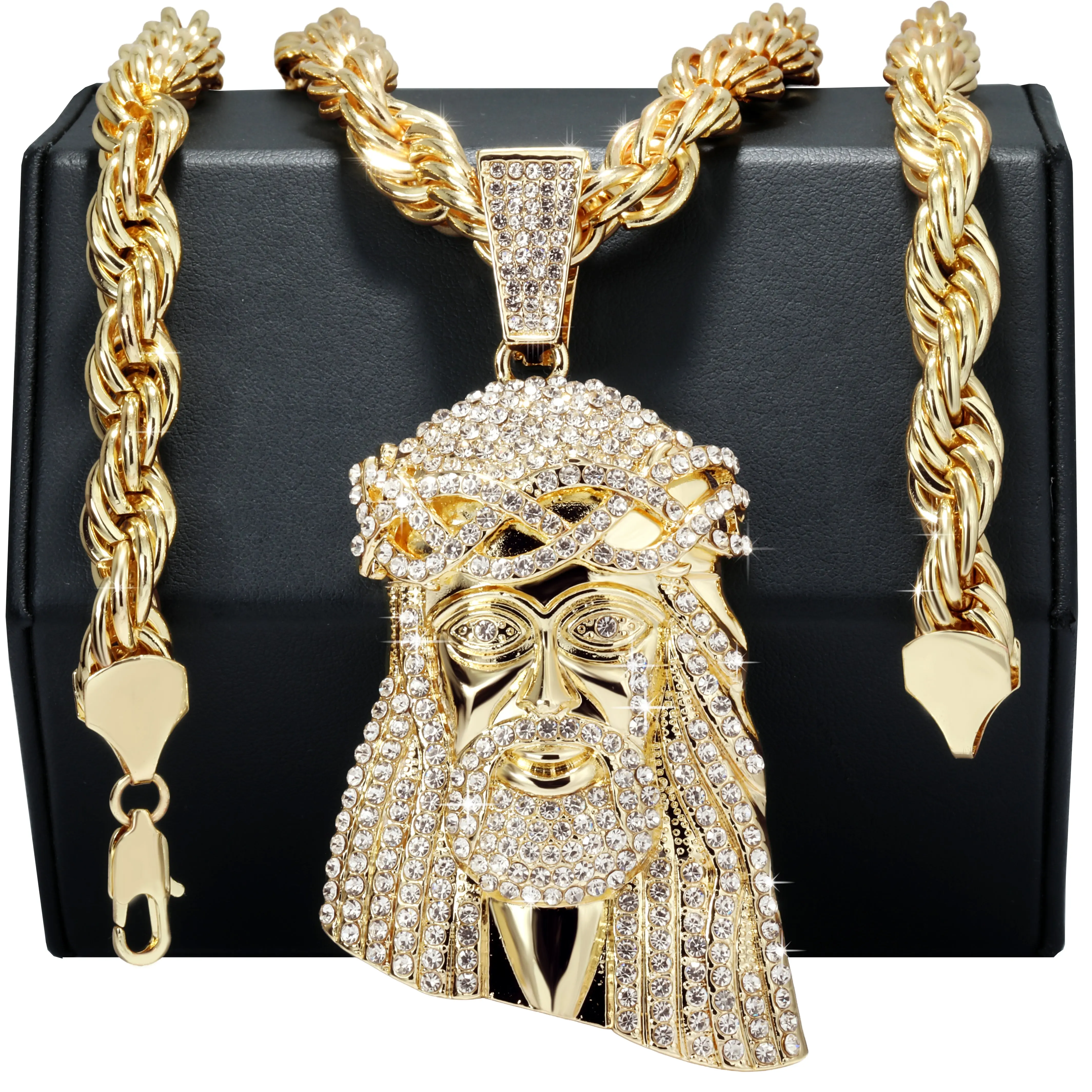 14k Tear Jesus Piece Necklace | 10mm Rope Chain Gold Plated 14k Tear Jesus Piece Necklace | 10mm Rope Chain Gold Plated