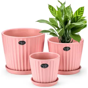 3 Pcs Ceramic Flower Pots 7.3"+5.9"+4.7" Gardening Plant Pot with Drainage Holes and Saucer Decorative Ceramic Planters Succulent Cactus Orchid Round Planter for Indoor Outdoor (Pink)