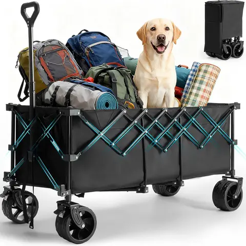 Heavy Duty Collapsible Foldable Wagon - Steel Garden Cart Folding Trolley with 300L 600D Wear-Resistant Oxford Fabric, 7-in Wheels, 180kg Capacity, Flat-Folding Space-Saving Design, Carry-Bag Storage for Camping, Beach (Black, Blue, Gray)