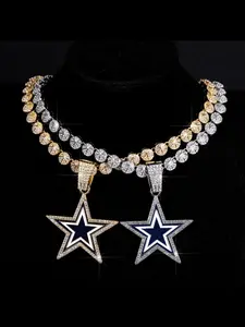 Dallas Cowboys Star Football Team Pendant Necklace Alloy Full Drill Round Diamond Cuban Link Chain, Fan Gift, Casual Style, All Seasons