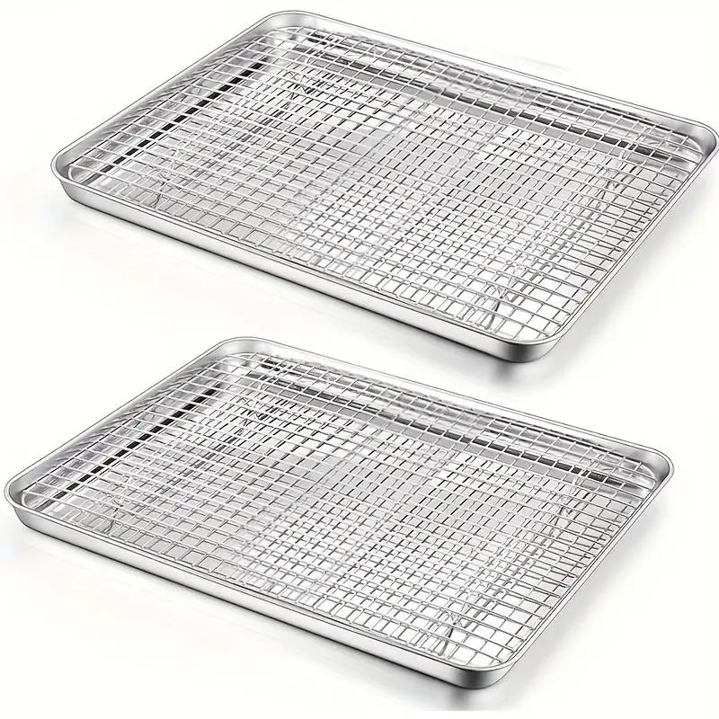Stainless Steel Baking Pan with Cooling Rack Set, Pan with Extra Thick Edge for Cooking And Baking, Ramadan Supplies Christmas Gift